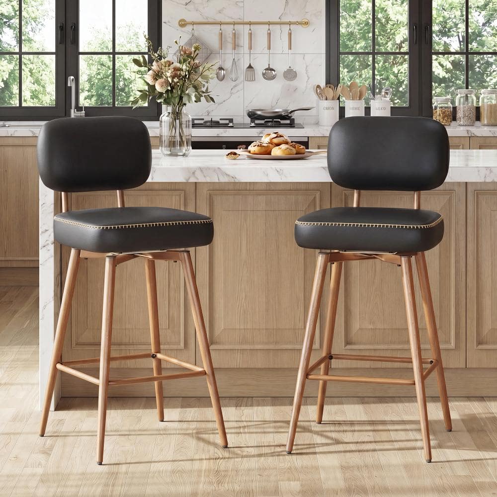 Bar Stool Low Back Soild Wood Frame Black Counter Height with Faux Leather Seat (Set of 2) price history on PriceWatchPro