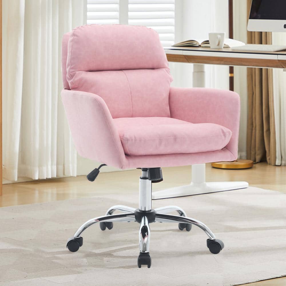 Adjustable Height PU Artificial Leather Office Chair,Upholstered Standard Task Chair with Black Rolling Base,Pink