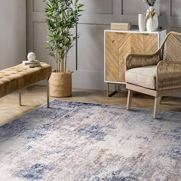 8 ft. x 10 ft. Blue Abstract Area Rug, Machine Washable, Non-Slip, Vintage Rug, Soft Indoor Carpet with Rubber Backing