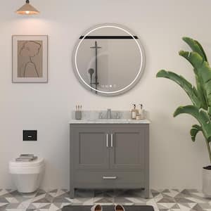 35.2 in. W x 21.65 in. D x 38.58 in. H Freestanding Bath Vanity in Gray with Carrara White Marble Top with White Basin