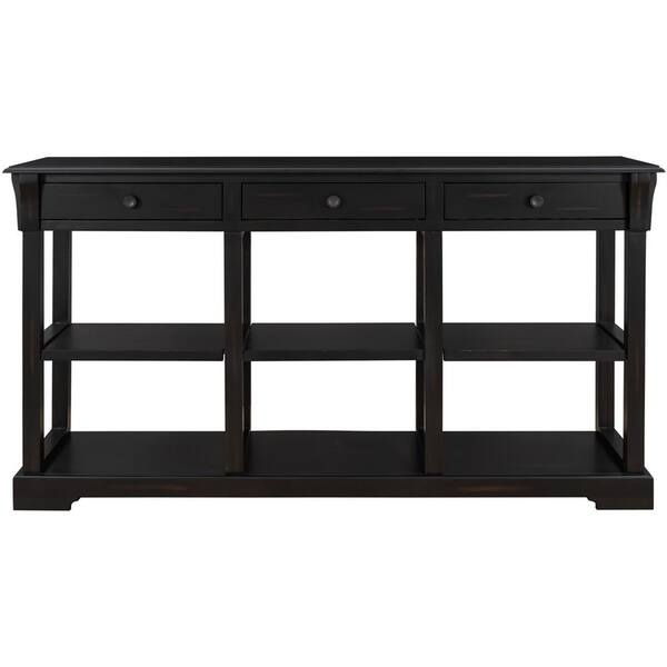Z-joyee Retro 58 in. Black Standard Rectangle Wood Console Table with 3 ...
