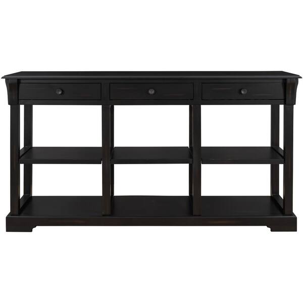 Zjoyee Retro 58 in. Black Standard Rectangle Wood Console Table with 3