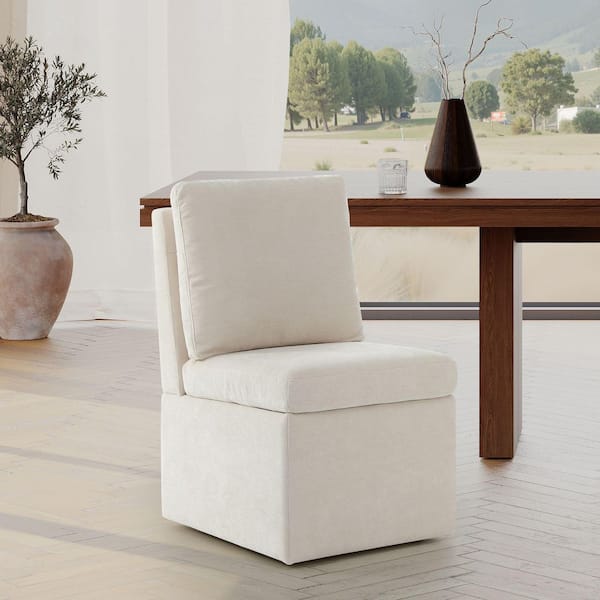 Stansberry Chenille Cream Fabric Upholstered Armless Dining Chair with Lift-Seat Storage and Caster Wheels