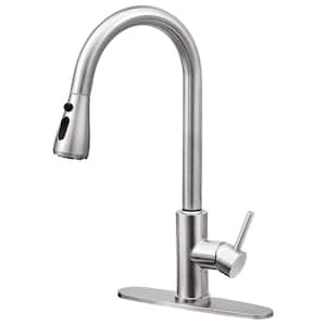 Single Handle Kitchen Faucet Pull Down Sprayer Kitchen Faucet with Deck Plate in Brushed Nickel