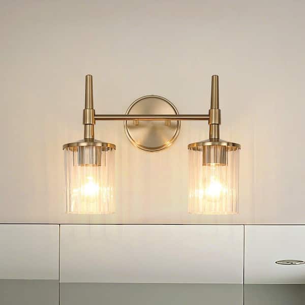 Andrea 15-in. 2-light Champagne Gold Vanity Light with Clear Ribbed Glass Shades