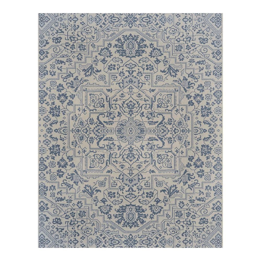 Hampton Bay Osprey Blue 9 ft. x 12 ft. Floral Medallion Indoor/Outdoor Area Rug 3124341 The