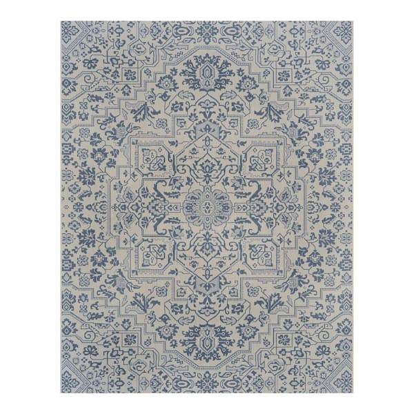 Hampton Bay Osprey Blue 9 ft. x 12 ft. Floral Medallion Indoor/Outdoor Area Rug