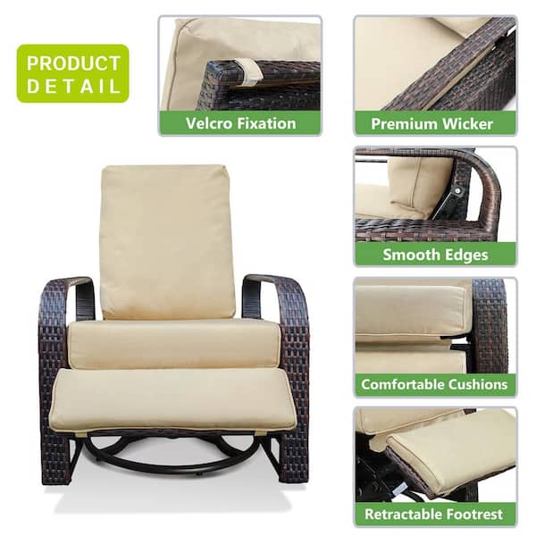 Cisvio Outdoor Patio Rattan Wicker Swivel Recliner Chair; Adjustable Reclining  Chair 360° Rotating with Water Khaki Cushions D0102H2JE3G - The Home Depot