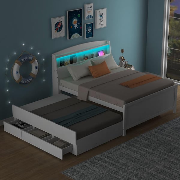 Harper & Bright Designs White Wood Frame Full Size Platform Bed with 3-Drawer, Headboard with Storage Shelf and LED Lighting, Twin Trundle