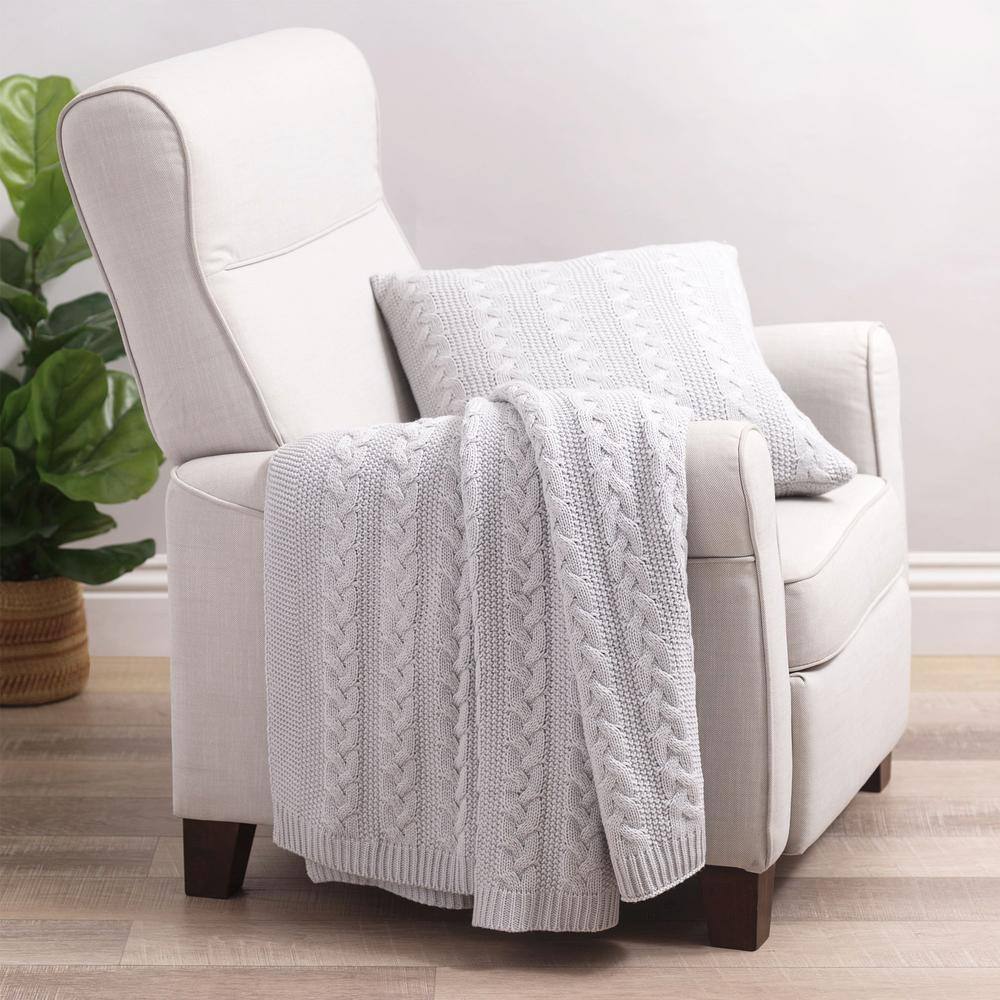 Light Gray Cable Knit Acrylic Throw Blanket