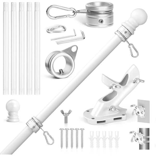 ATENGNES 6 ft. White Stainless Steel Flag Poles with Metal Rotating Flag Pole Rings Clips, Holder Brackets Mounting Flag Pole Kit