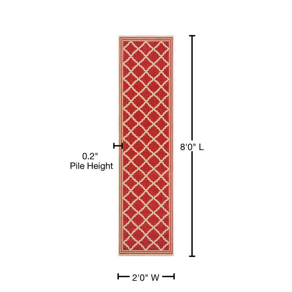 Geometric Red & Cream Synthetic 2' x 8' Easy-Care Runner Rug