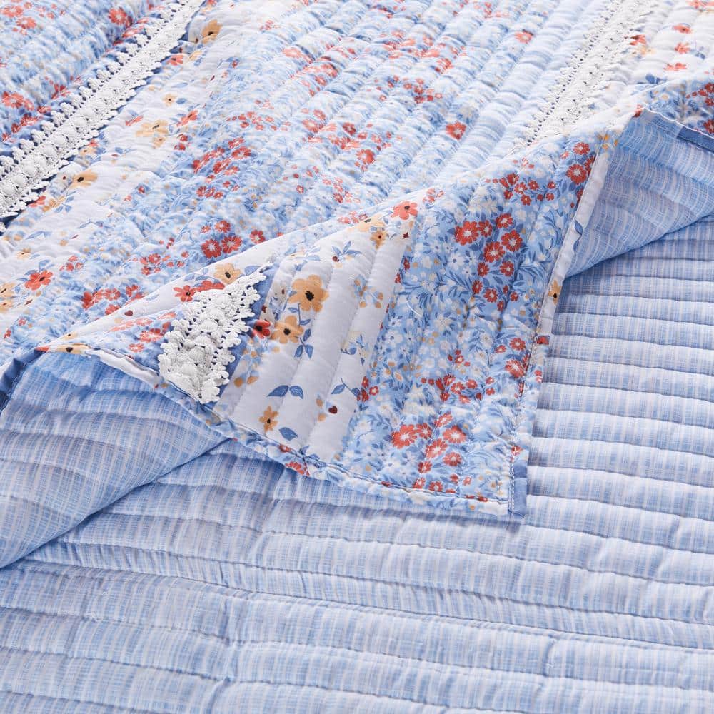 Light Blue Floral Lace Embellished Reversible Throw Blanket