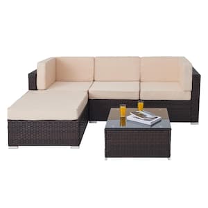 Walnut 5-Piece All-Weather Wicker Outdoor Sectional Set with Beige Cushions and Tempered Glass Coffee Table