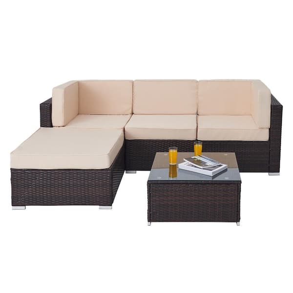 Merra Walnut 5-Piece All-Weather Wicker Outdoor Sectional Set with Beige Cushions and Tempered Glass Coffee Table