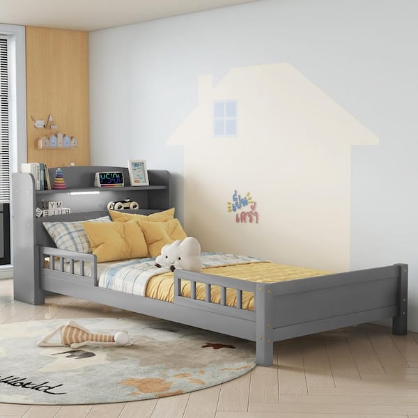 Gray Wood Frame Twin Platform Bed with Bookcase Headboard, LED Motion Sensor Light and Guardrails