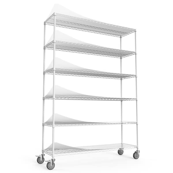 Unbranded 59.72 in. W White 6-Tier Metal Pantry Organizer, Adjustable Metal Storage Shelves with Wheels