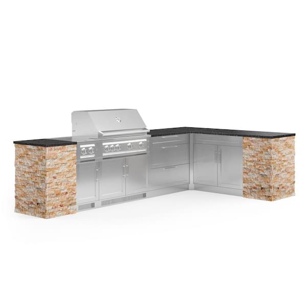 NewAge Products Signature Series Stainless Steel 11-Piece L Shape Outdoor Kitchen Cabinet Set with Natural Gas Platinum 40 in. Grill