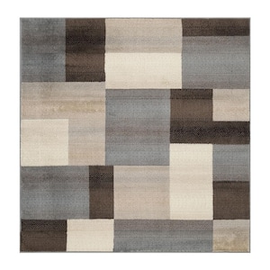 8 ft. Square Grey-Brown Square Patchwork Power Loom Stain Resistant Area Rug