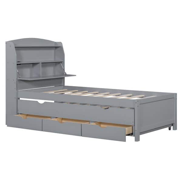 Nestfair Gray Wood Frame Twin Size Platform Bed with LED, Drawers