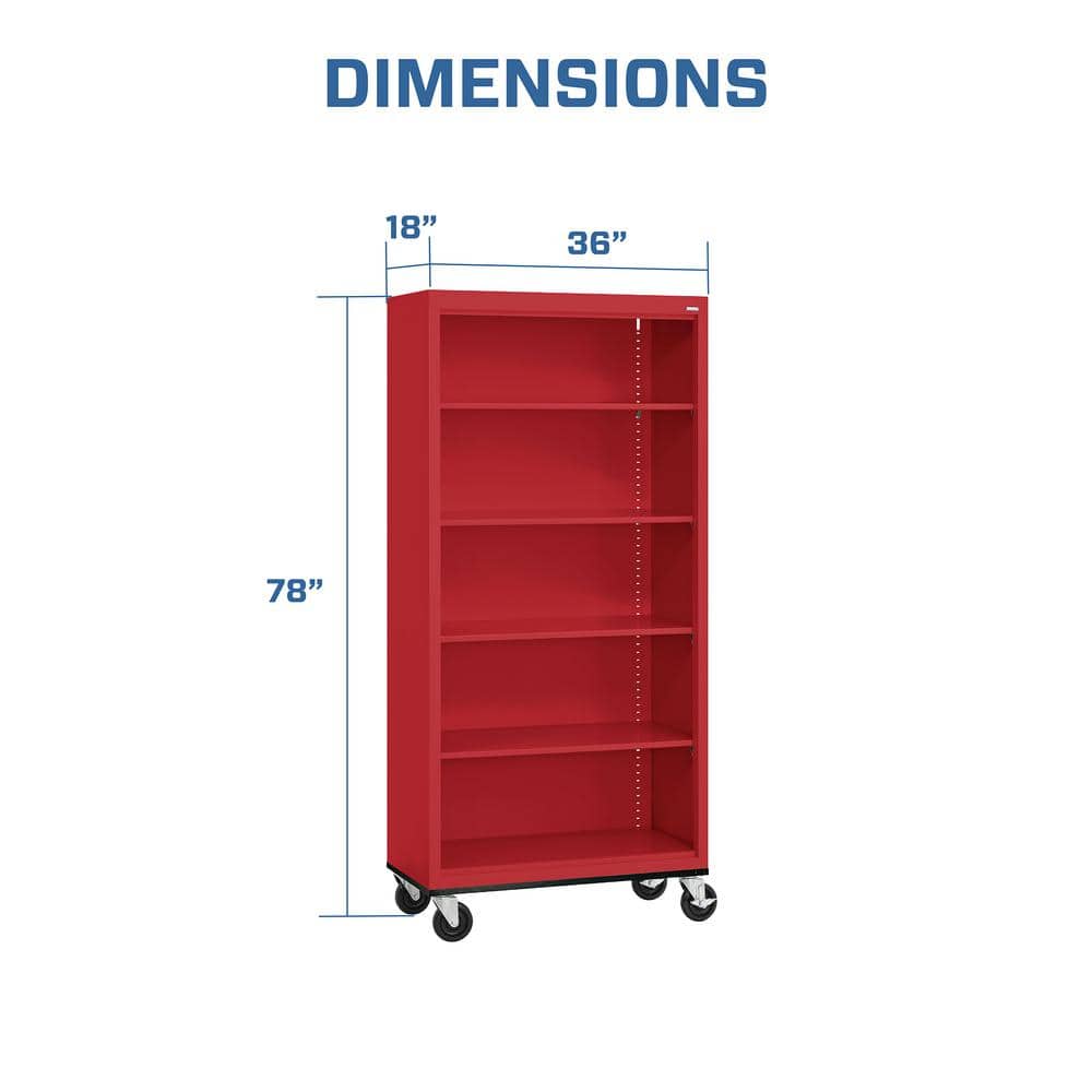 Red Steel Mobile Bookcase with Adjustable Shelves, 78" Height