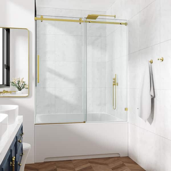 60 in. W x 76 in. H Double Sliding Semi-Frameless Bath Shower Door in Brushed Gold with Easy-Clean 3/8 in. Glass