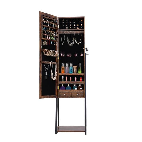Jewelry Mirrored Cabinet Armoire Storage Organizer w/Drawer & Led Lights Brown 