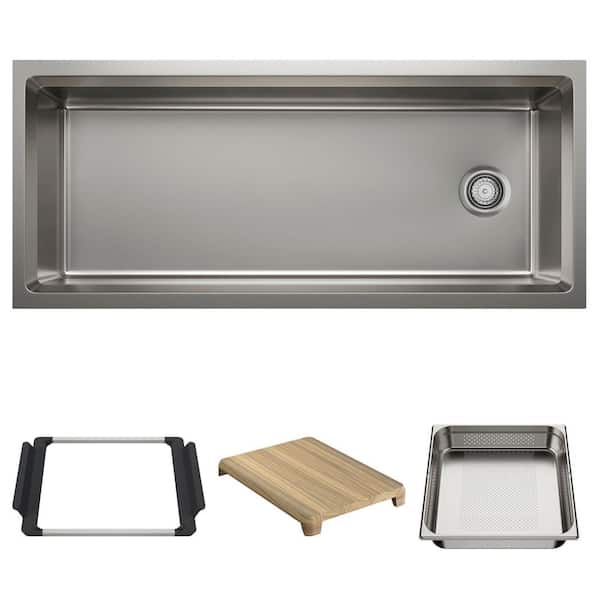 Inteos 45 in. Undermount Single Bowl Satin Brushed Finish Stainless Steel Kitchen Sink with Colander and Cutting Board