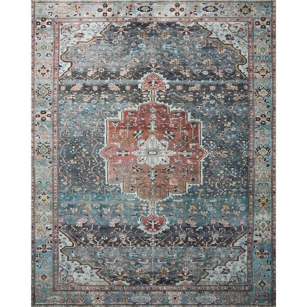 LOLOI II Margot Ocean/Brick 2 ft. x 5 ft. Bohemian Vintage Printed Plush Area Rug