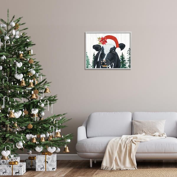 Christmas Hat Cow Portrait by Ashley Justice Gray Framed Animal Giclee Art Print 24 in. x 30 in.