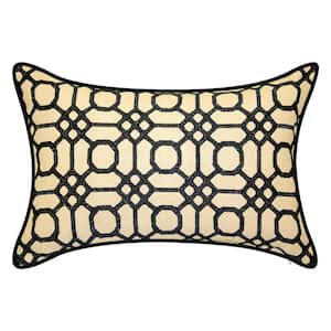 Indoor and Outdoor Black Raffia Geometric Embroidery Lumbar 13 in. x 21 in. Decorative-Pillow
