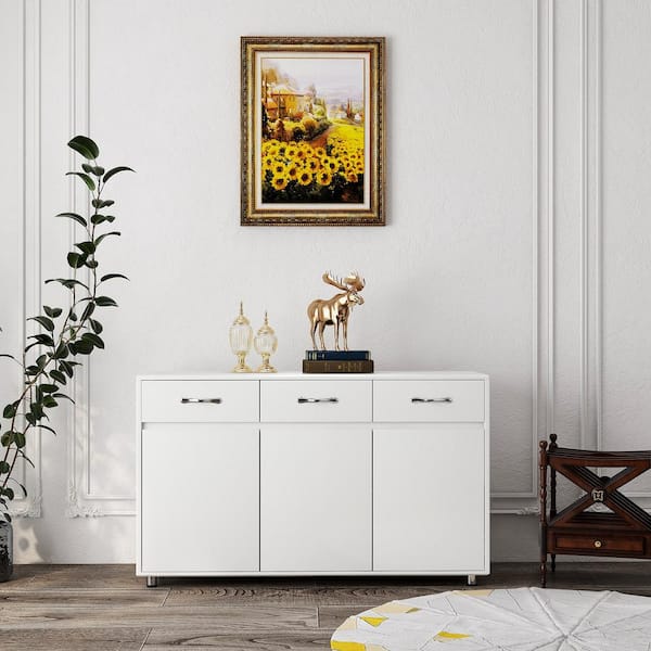White Wood 52.56 in. Sideboard with 3 Drawers and 3 Doors