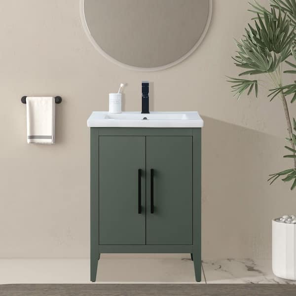 24 in. W x 18.5 in D x 34 in. H Single Sink Bathroom Vanity Cabinet in Vintage Green with Ceramic Top