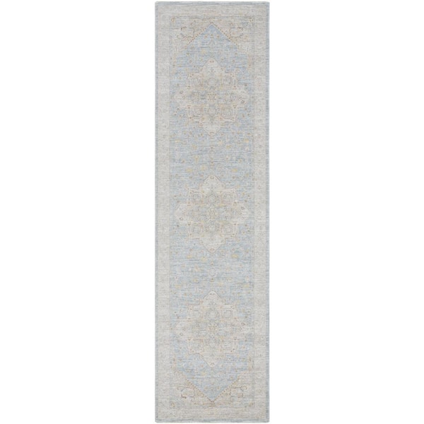 Livabliss Avant Garde 2 ft. x 7 ft. Light Blue Border Indoor Runner