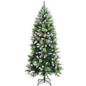 6 ft. Green Unlit PVC Pencil Christmas Tree Snow Sprayed Classic Tree with Pine Needles and Red Berry Clusters