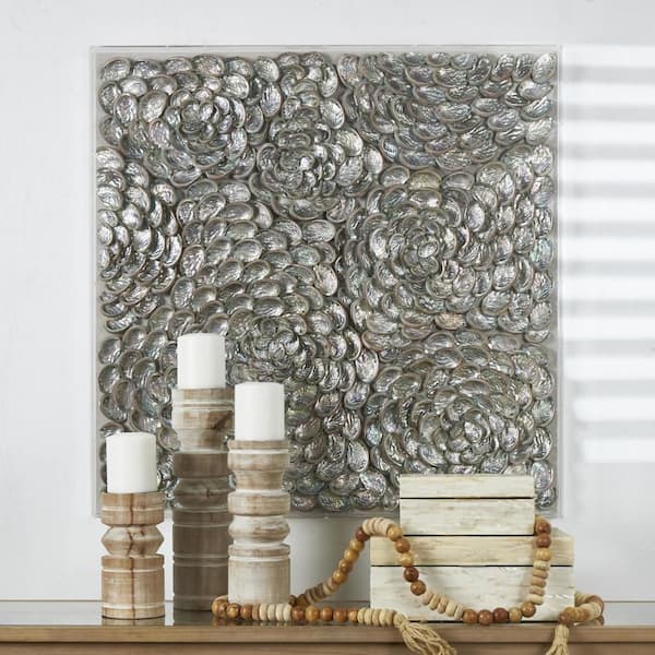 Litton Lane Brown Handmade 3D Layered Shell Framed Shadow Box with Iridescent Finish 31.50 in. x 31.50 in.