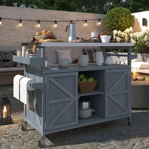 Grey Blue Stainless Steel Top 50.25 in.Outdoor Solid Wood Kitchen Island with Internal Storage Rack and Adjustable Shelf