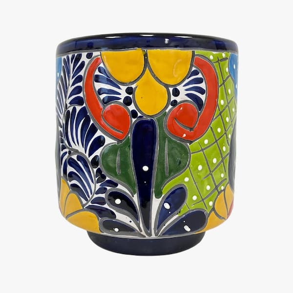Unbranded Talavera 9 in. W x 10 in. H 10 qt. Ceramic Indoor/Outdoor High Cylinder Planter