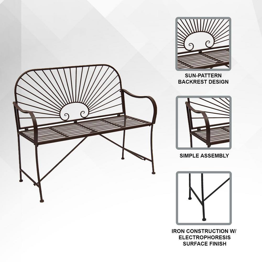44-Inch Brown Iron Sun-Patterned Garden Bench