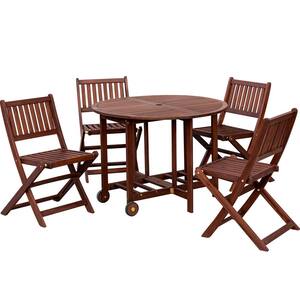 Acacia Wood 5-Piece Dining Set, Folding Round Table with Umbrella Hole, Wheels and Stowable Dining Chairs
