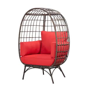 Patio 40 in. W Egg Chair with Red Cushions, Backyard Indoor Outdoor Lounge Chairs (Brown Wicker Wraped Iron Frame)