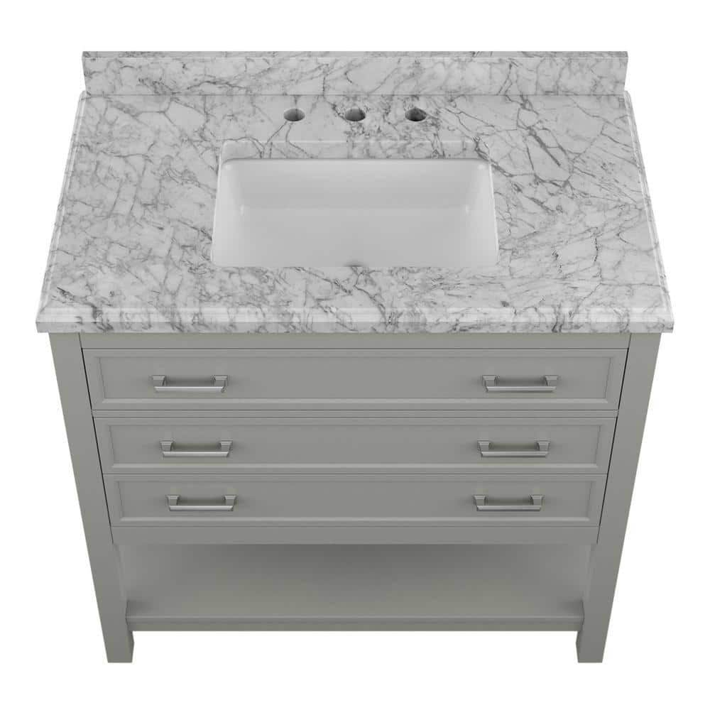 Grey Pine Wood Single Sink Bathroom Vanity with Carrara Marble Top