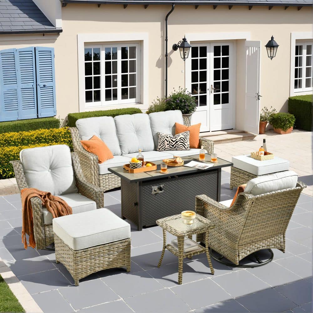 Eureka Gray 7-Piece Wicker Patio Conversation Sofa Swivel Chairs Set with Metal Fire Pit and Light Gray Cushions price history on PriceWatchPro