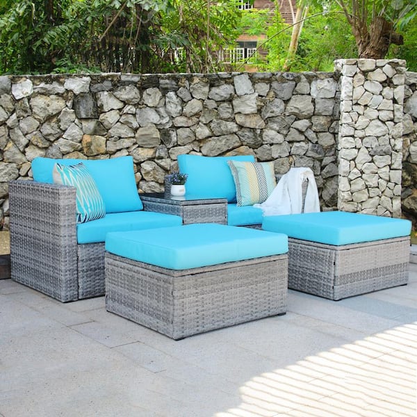 Wateday Outdoor 5-Pieces Gray Wicker Outdoor Conversation Set with Blue Cushions