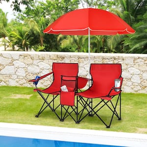 Red Portable Folding Picnic Double Chair with Umbrella for Beach Patio Pool Park Outdoor Portable Camping Chair