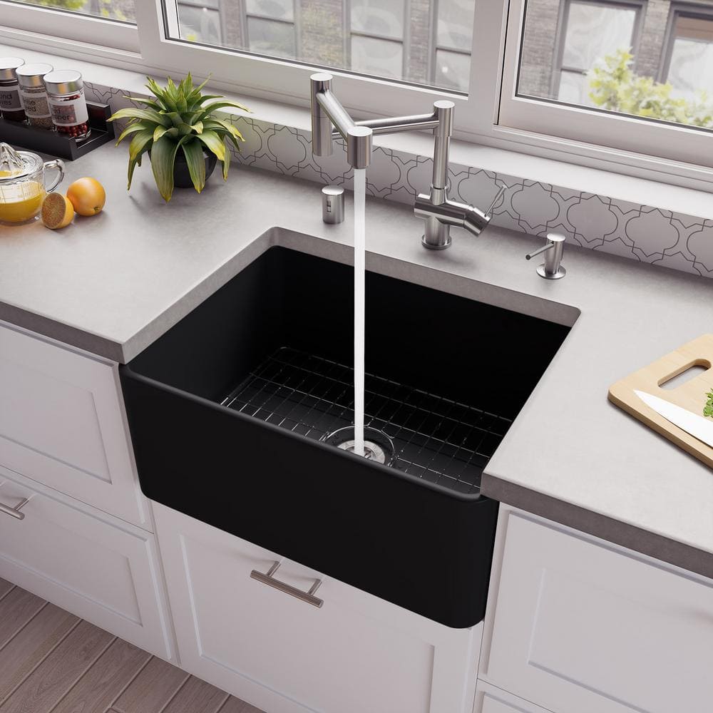 ALFI BRAND Black Matte Fireclay 24 In Single Bowl Farmhouse Apron   Black Matte Alfi Brand Farmhouse Kitchen Sinks Abf2418 Bm 64 1000 