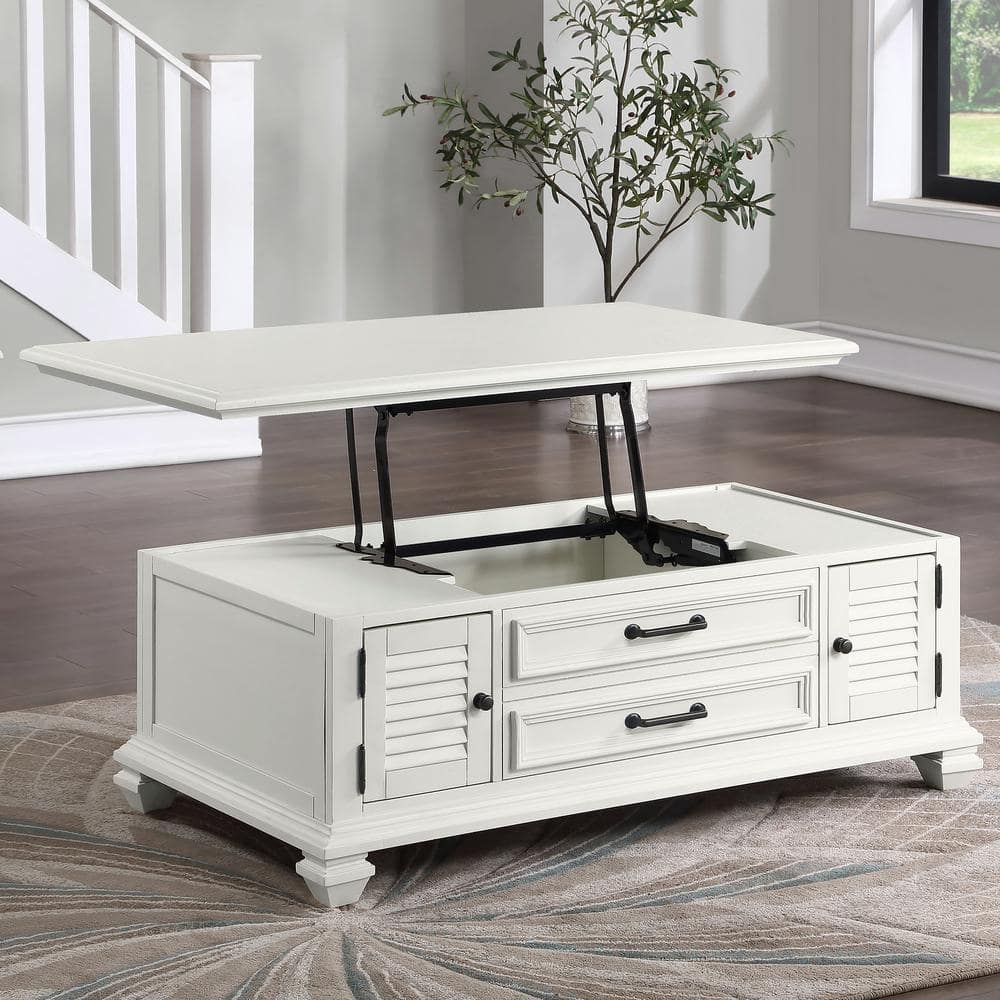 White Rectangular Wood Lift-Top Coffee Table with Storage