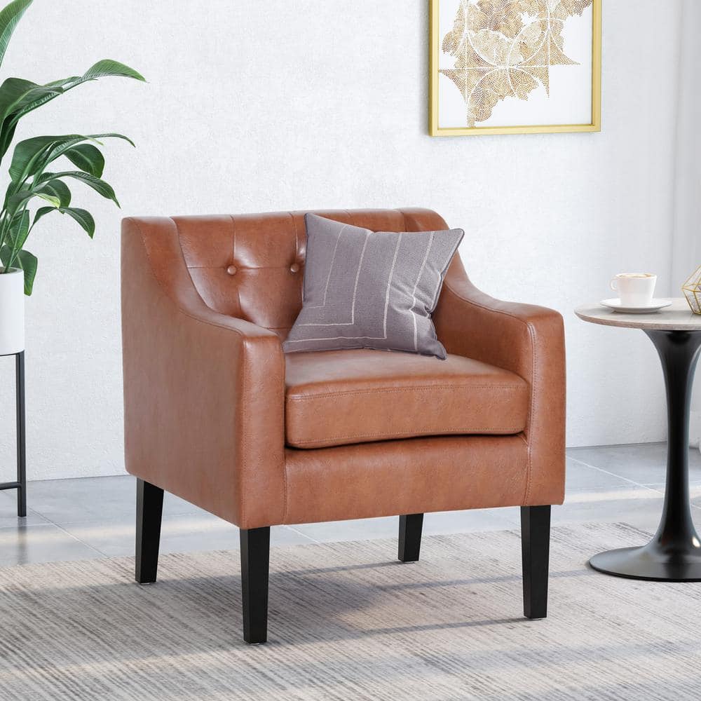 Espresso and Cognac Brown Faux Leather Accent Chair with Tufted Detail