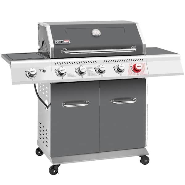 Deluxe 5-Burner Gas Grill with Sear Burner and Side Burner, 64,000 BTU Cabinet Style Gas Grill, Grey