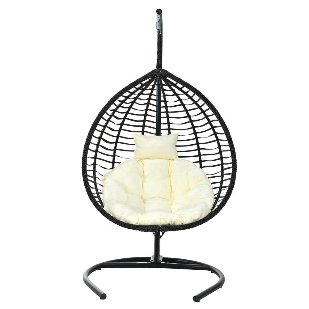 1-Person PE Rattan Patio Swing Egg Chair with Beige Cushions